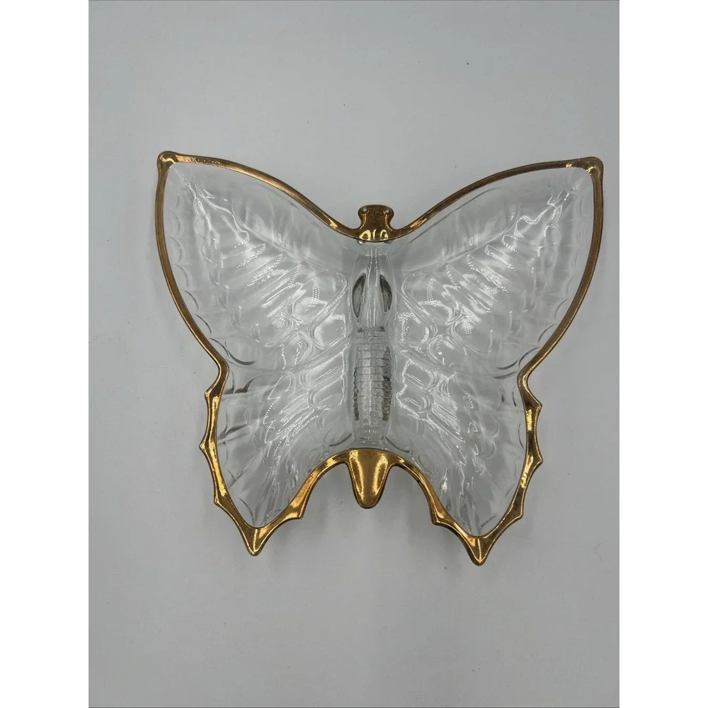 Butterfly Shaped Trinket Dish - Vtg Jeannette Glass‎ Candy Nut Jewelry Gold Trim